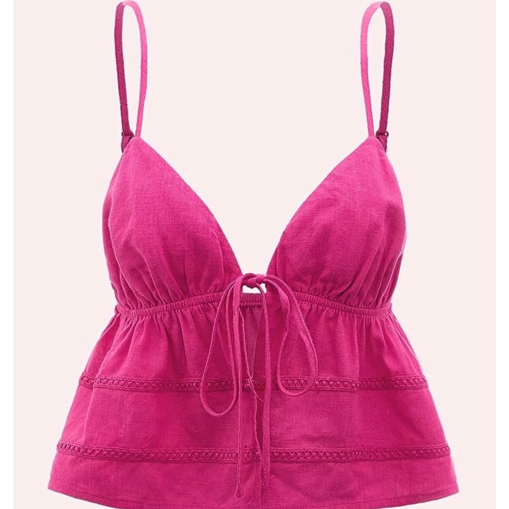 Bright pink y2k spaghetti strap tie front cropped cami